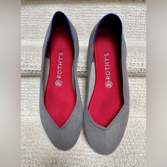 Rothy's Light and Dark Blue Grey Weave Slip On Classic Flat Red Insole Washable - Picture 2 of 9